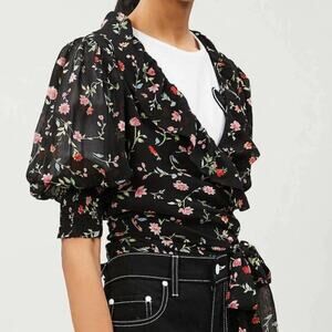 GANNI | Elm Floral Wrap Top in Black Pink Chiffon 36 / US 4 / S